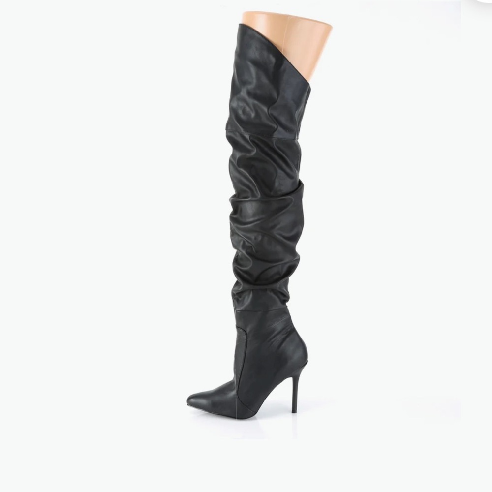 Sleek Black Leather Over the Knee Heeled Boots with Stiletto Heel